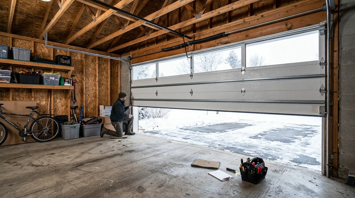 Garage door detail illustrating cold mornings and older springs in livermore