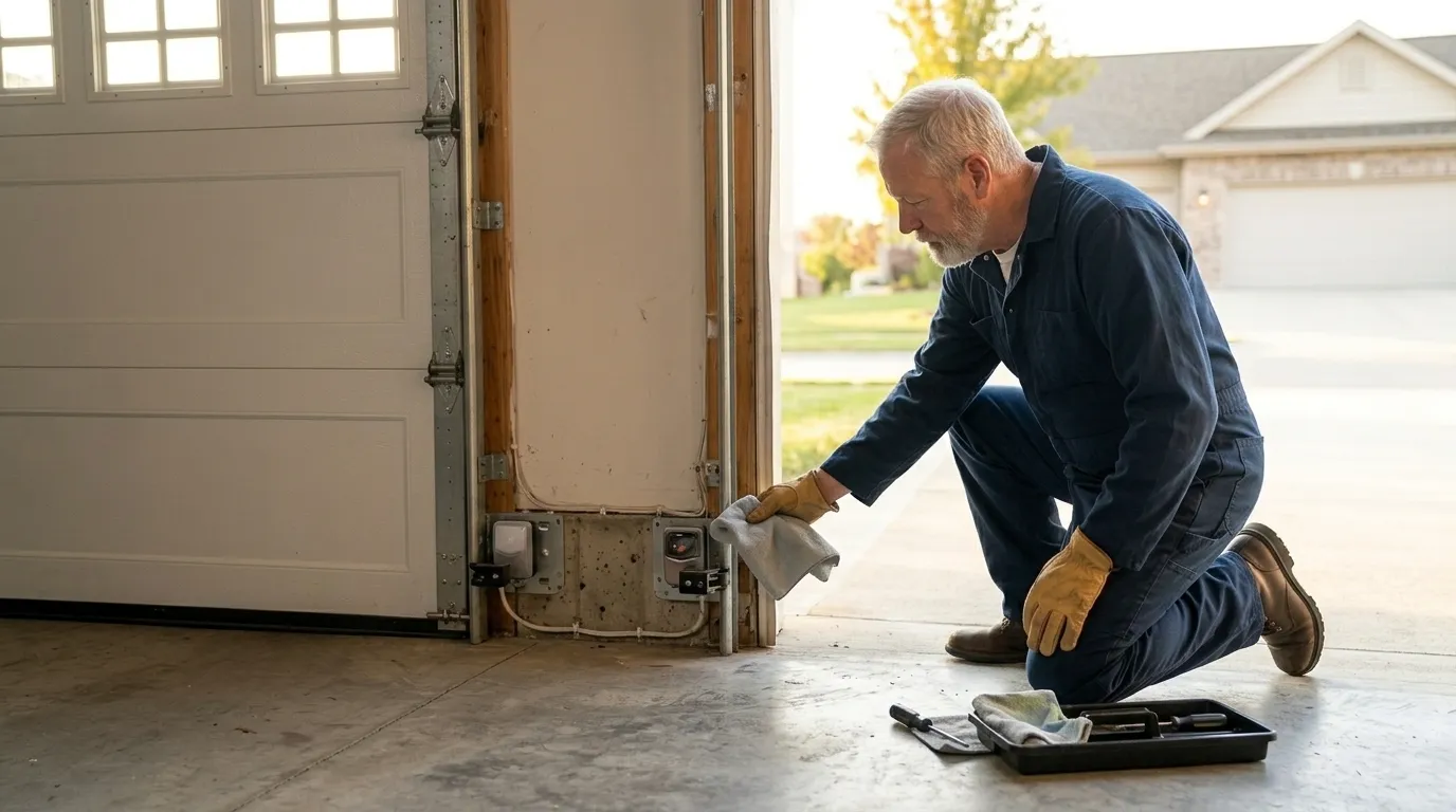 Garage door technician inspecting springs rollers tracks and opener in Livermore California