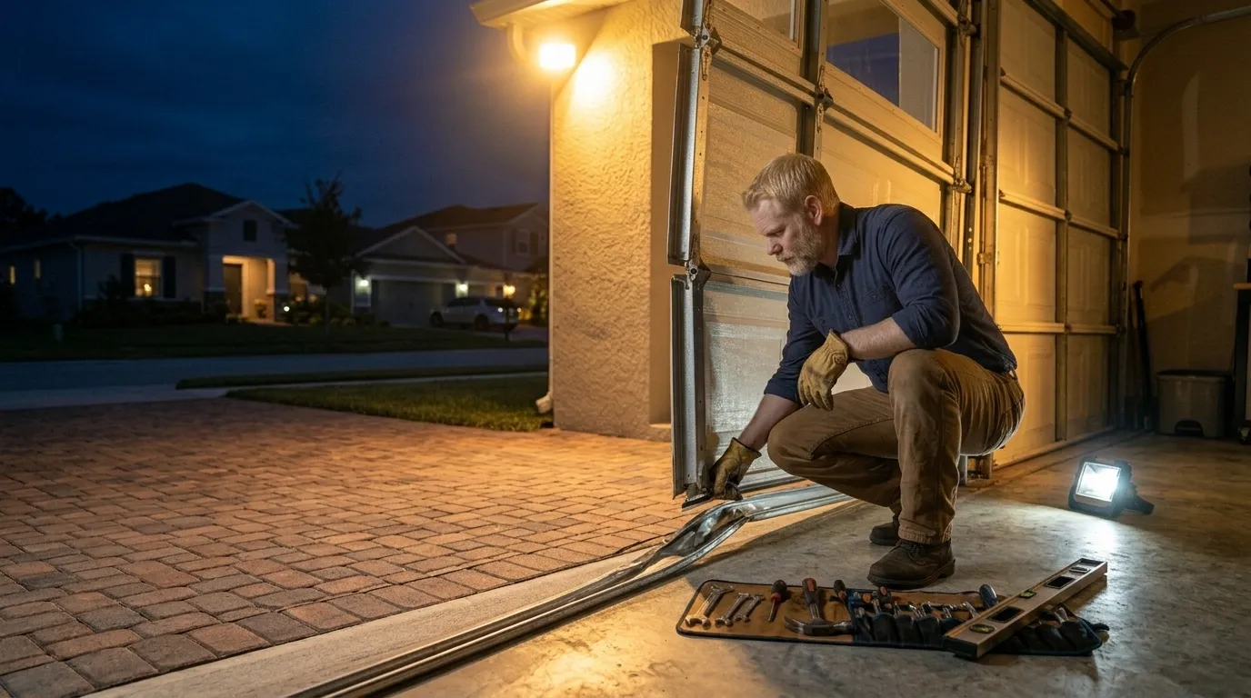 Garage door technician repairing a residential garage door in Livermore California